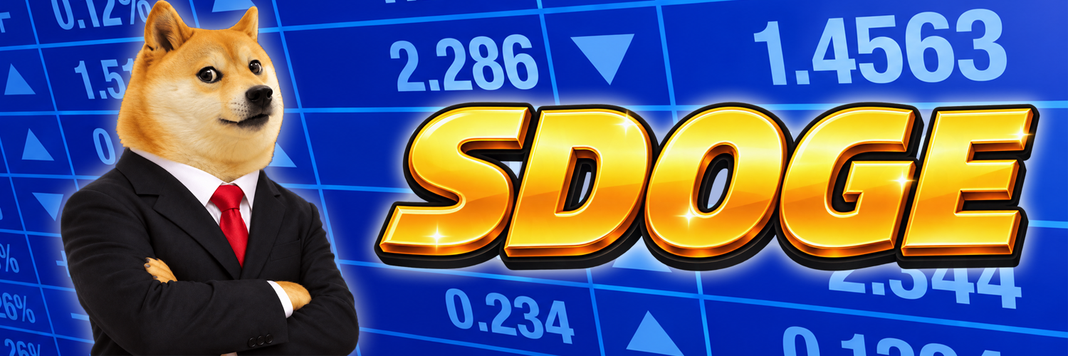 Doge Stonks SDOGE banner with the suited Shiba Inu on a blue stock exchange board