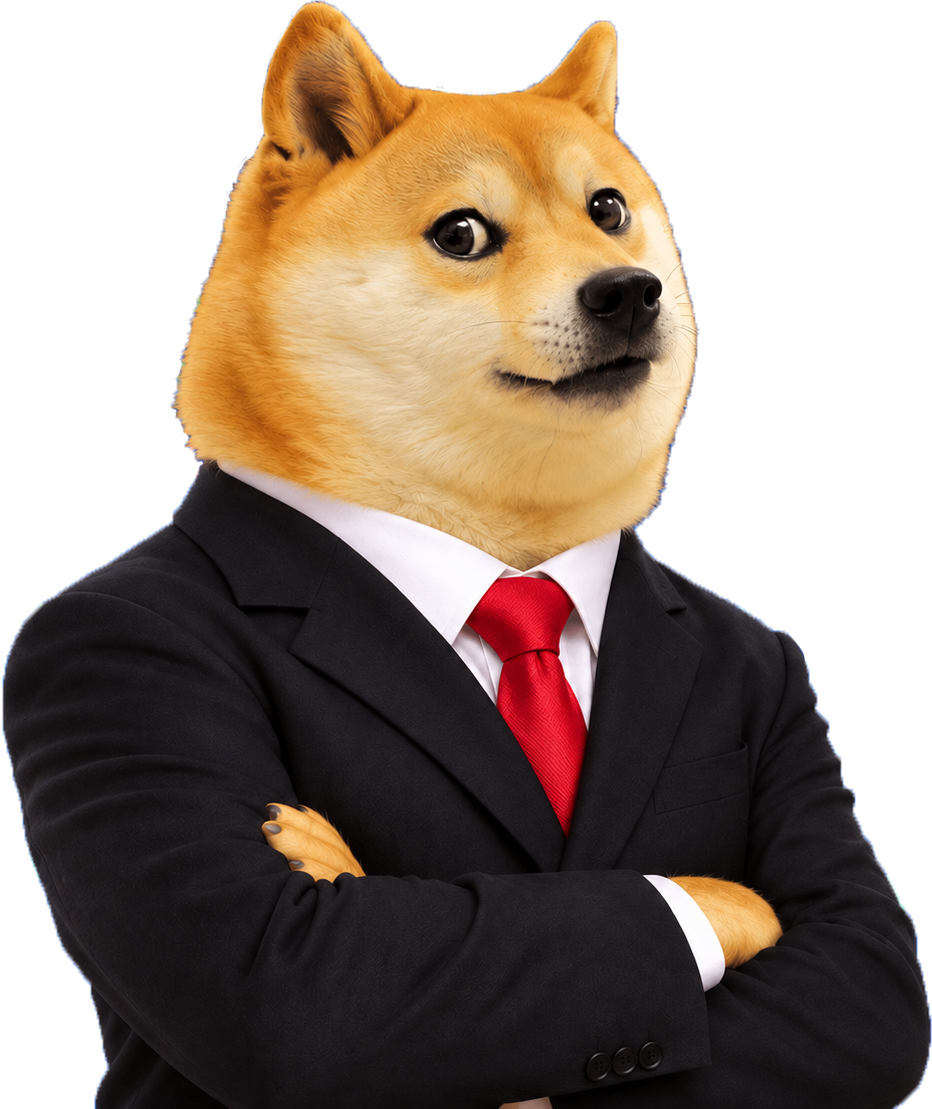 A very professional Shiba Inu wearing a black business suit and red tie